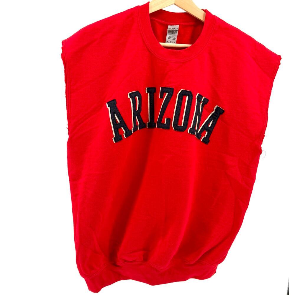 Gildan Red Varsity Collegiate Arizona Custom Raw Edge Cut Off Muscle Sweatshirt